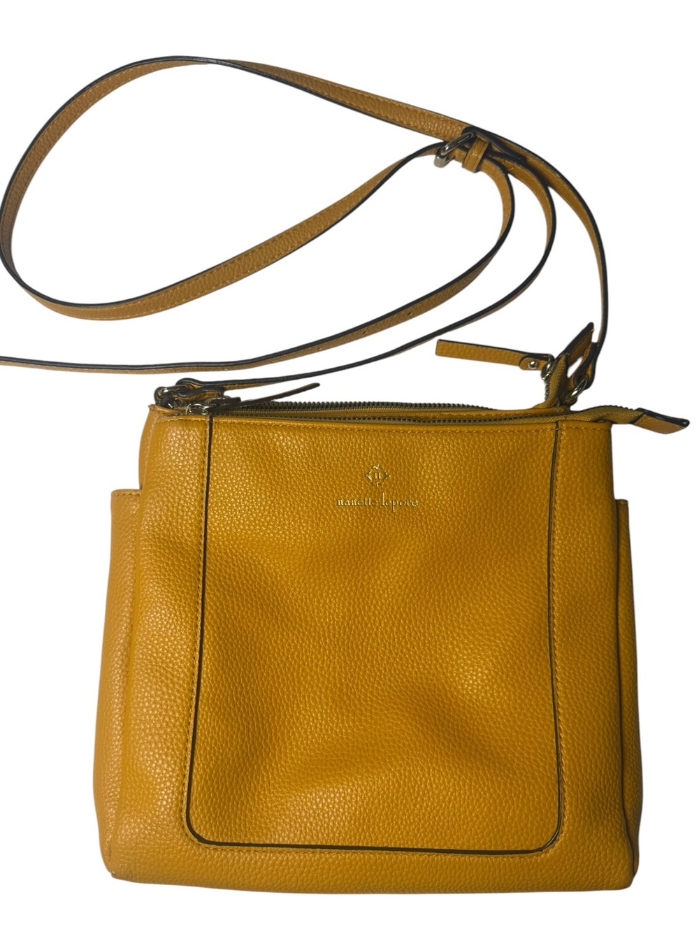 Nanette Lepore Mustard Yellow Triple Compartment Crossbody Bag floral interior